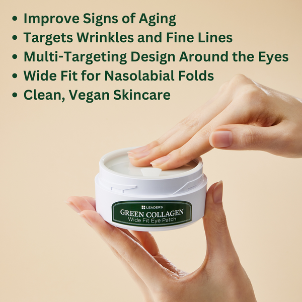 Hands holding and opening a container of Green Collagen Wide Fit Eye Patch | Leaders skincare product designed to improve signs of aging and target wrinkles and fine lines.
