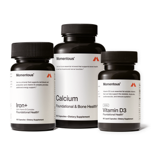 Three Momentous dietary supplement bottles featuring Iron+, Calcium, and Vitamin D3, presented as part of The Women’s Three™ wellness supplement collection.