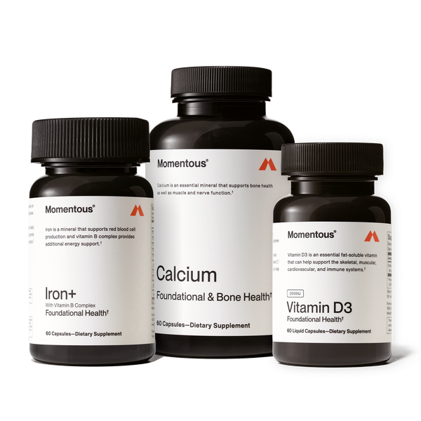 Three Momentous dietary supplement bottles featuring Iron+, Calcium, and Vitamin D3, presented as part of The Women’s Three™ wellness supplement collection.