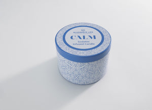 Calm Candle Tin 6 oz | Aluminate Life featuring a blue and white patterned container with a secure lid, designed for creating a soothing and relaxing atmosphere.