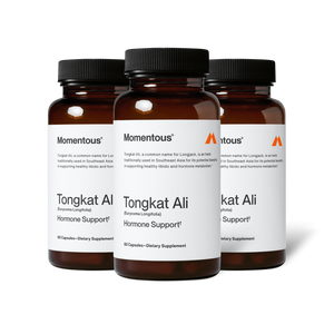 Three amber bottles of Tongkat Ali dietary supplement for hormone support with white labels and black caps, arranged against a white background.