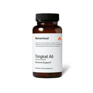 Brown bottle of Tongkat Ali dietary supplement capsules labeled for hormone support and wellness, featuring a minimalist white and black design.