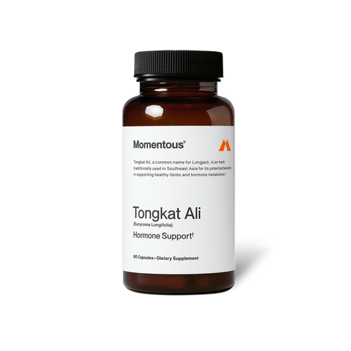 Brown bottle of Tongkat Ali dietary supplement capsules labeled for hormone support and wellness, featuring a minimalist white and black design.