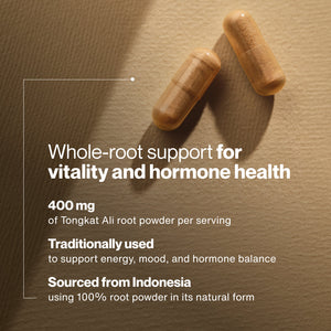 Two light brown capsules on a beige surface next to text highlighting Tongkat Ali’s whole-root support for vitality and hormone health, 400 mg root powder per serving, traditional use for energy and mood, sourced from Indonesia.