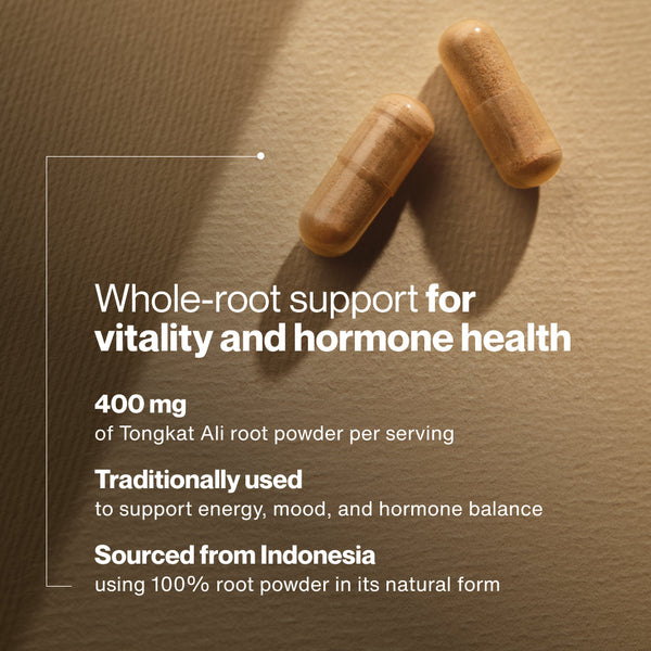 Two light brown capsules on a beige surface next to text highlighting Tongkat Ali’s whole-root support for vitality and hormone health, 400 mg root powder per serving, traditional use for energy and mood, sourced from Indonesia.