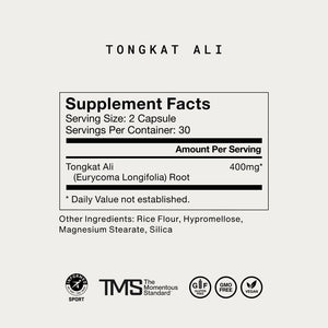 Supplement facts for Tongkat Ali showing a serving size of two capsules with 400mg of Tongkat Ali root, including other ingredients like rice flour and magnesium stearate, along with icons for gluten free, GMO free, and vegan.
