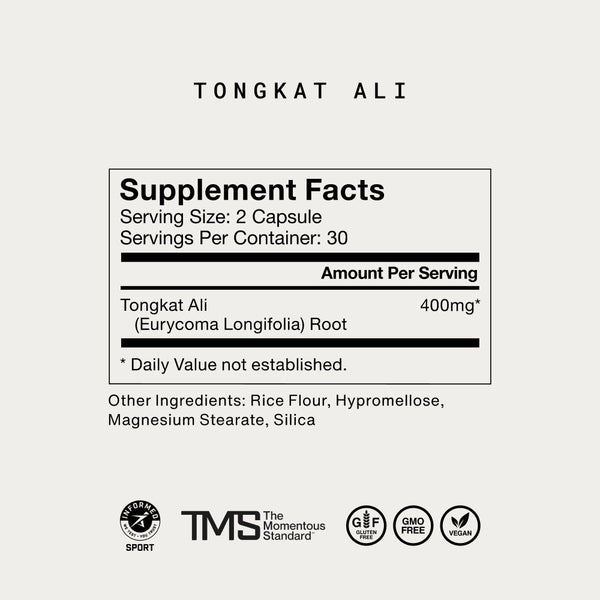 Supplement facts for Tongkat Ali showing a serving size of two capsules with 400mg of Tongkat Ali root, including other ingredients like rice flour and magnesium stearate, along with icons for gluten free, GMO free, and vegan.