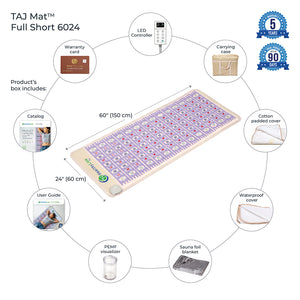 TAJ-Mat™ Full Short 6024 Firm - Photon PEMF InfraMat Pro® | HealthyLine wellness mat measuring 60 by 24 inches with components including LED controller, carrying case, padded and waterproof covers, sauna foil blanket, PEMF visualizer, user guide, catalog, and warranty card.