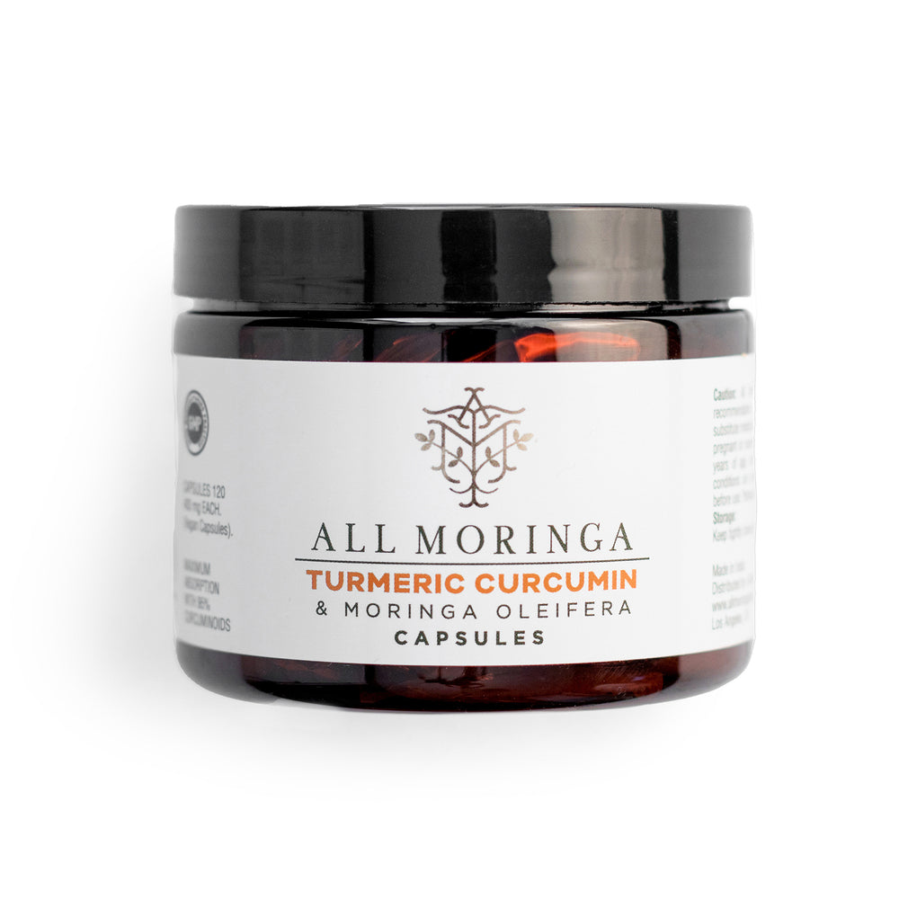 Premium Organic Turmeric Curcumin & Moringa Oleifera In Vegan Capsules Glass Jar - 1 month supply | All Moringa
