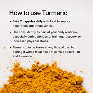 Instructions on how to use Turmeric capsules for wellness, emphasizing taking two capsules daily with food for better absorption, alongside a pile of vibrant turmeric powder.