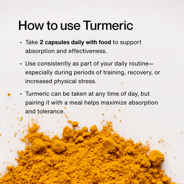 Instructions on how to use Turmeric capsules for wellness, emphasizing taking two capsules daily with food for better absorption, alongside a pile of vibrant turmeric powder.