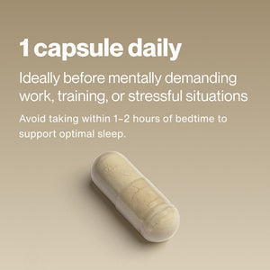 Tyrosine capsule with guidance to take one capsule daily before mentally demanding work training or stressful situations and avoid bedtime use