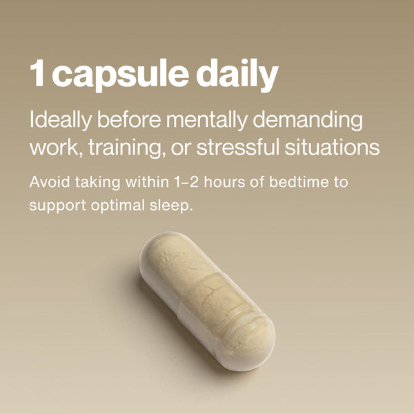 Tyrosine capsule with guidance to take one capsule daily before mentally demanding work training or stressful situations and avoid bedtime use