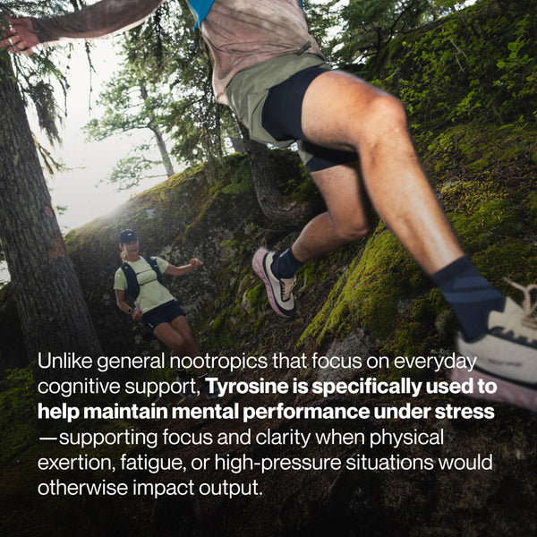 Two trail runners navigating a forested, moss-covered path during an intense workout, highlighting physical exertion and mental focus related to Tyrosine's benefits.