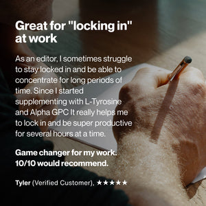 Hand holding a pen writing on paper with a text review describing how Tyrosine helps improve focus and productivity during work for several hours.