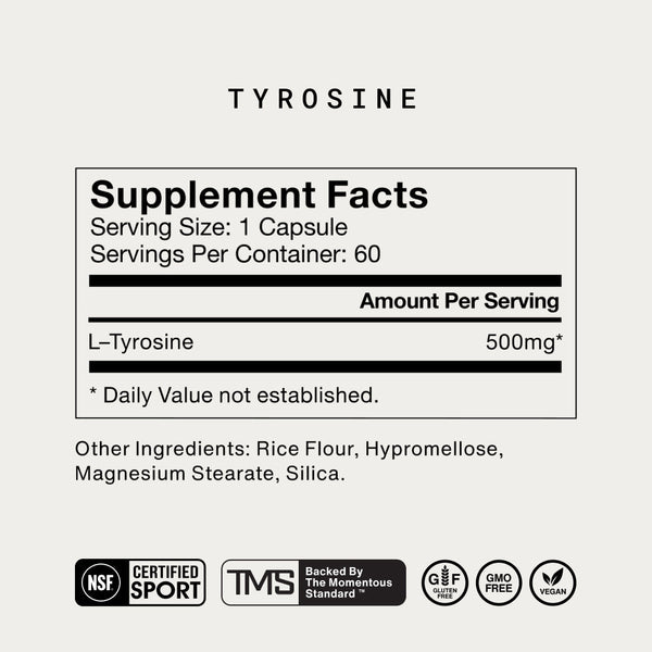 Supplement facts for Tyrosine showing 500mg of L-Tyrosine per capsule, 60 servings per container, with additional ingredients of rice flour, hypromellose, magnesium stearate, and silica, plus certification icons.