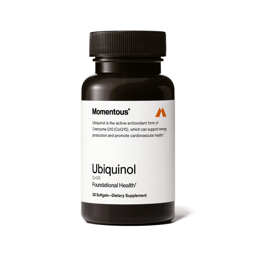 Bottle of Ubiquinol dietary supplement by Momentous featuring 30 softgels, promoting energy production and cardiovascular health with antioxidant Coenzyme Q10.