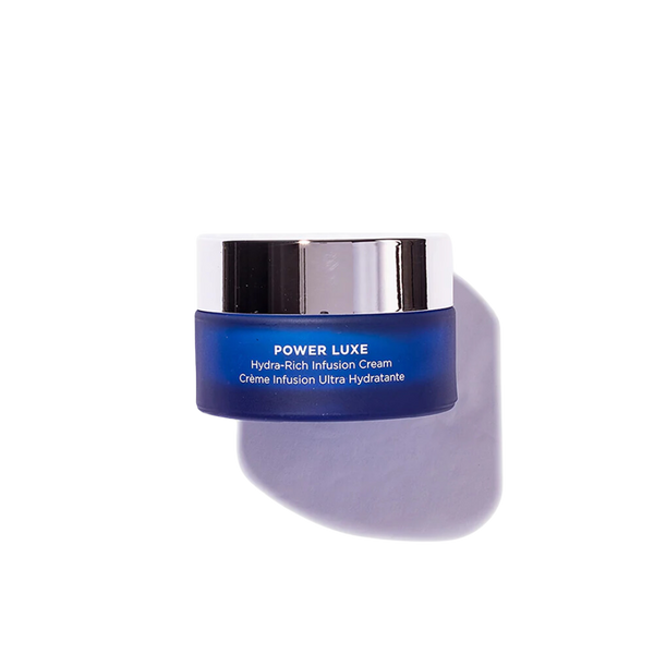 Power Luxe | HydroPeptide hydra-rich infusion cream in a blue jar with silver lid, designed for skincare and hydration in body care routines.