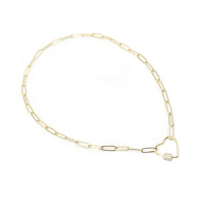 Heart Link Gold Paperclip Chain Necklace (18" / White Crystal Studded) | Love You More featuring a delicate heart-shaped clasp adorned with white crystals on a gold paperclip chain.