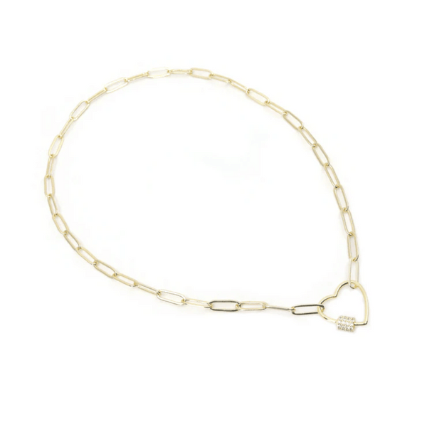 Heart Link Gold Paperclip Chain Necklace (18" / White Crystal Studded) | Love You More featuring a delicate heart-shaped clasp adorned with white crystals on a gold paperclip chain.
