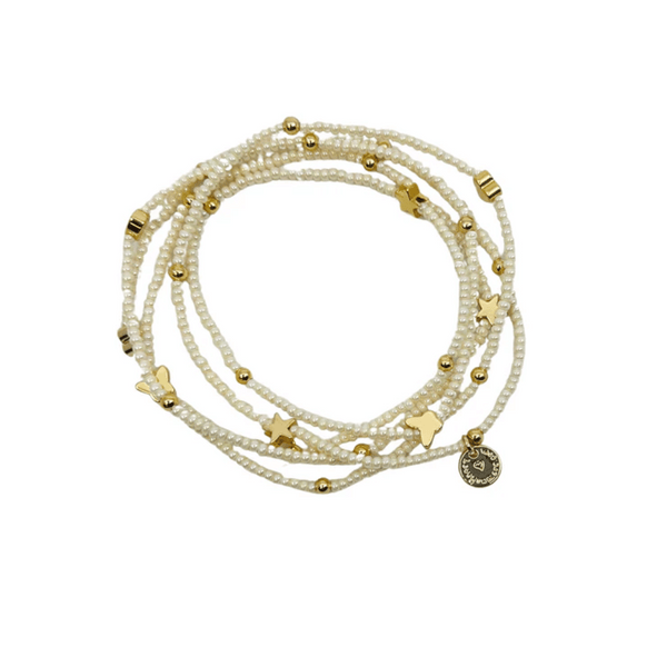 Wonder Wrap Bracelet (Cream Pearl & Gold Multi) | Love You More featuring delicate cream pearl beads accented with gold stars, hearts, and charms in a multi-wrap design.