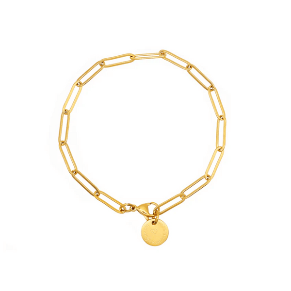 The Paperclip Bracelet (Gold) | Love You More featuring elegant gold paperclip links with a small round charm engraved with a subtle heart design.