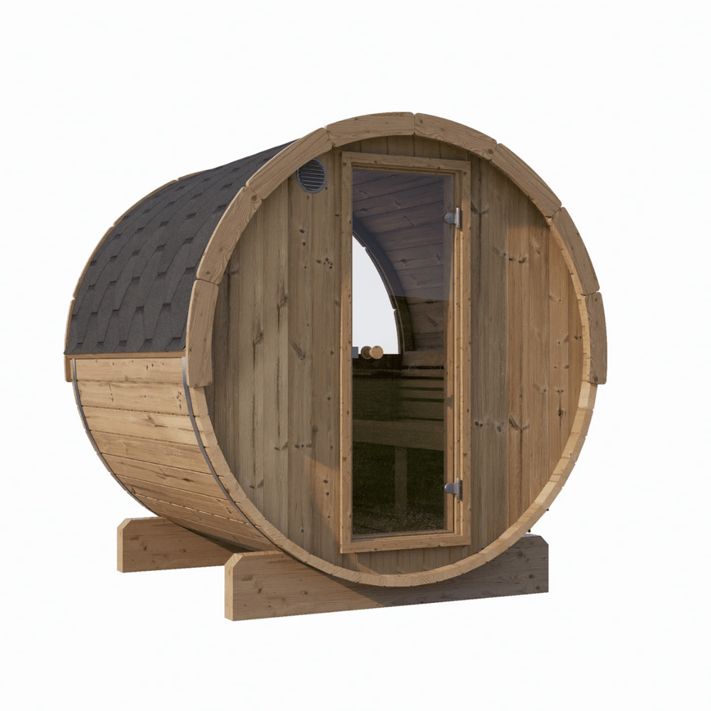 E7W Barrel Sauna - 4 Person | Western Sol features a rounded wooden barrel design with a glass door and shingled roof, designed for relaxation and wellness at home.
