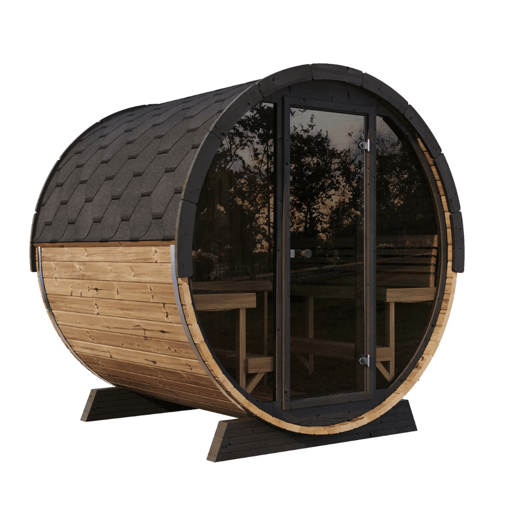 EE8G Sauna Barrel - 6-8 Person | Western Sol, a wooden barrel-shaped sauna with tinted glass door and black shingle roof designed for outdoor wellness and body care relaxation.