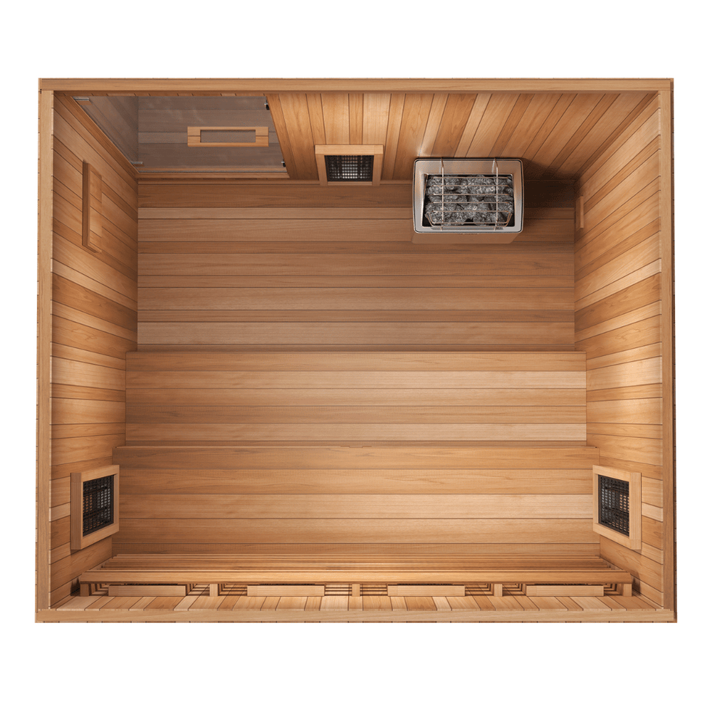 Trinity XL Sauna - 4 Person | Western Sol with wooden panel exterior and glass door revealing warm red interior lighting for an inviting wellness and body care experience.