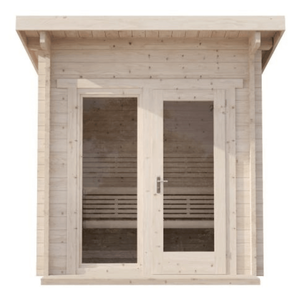 G4 Sauna - 6 Person | Western Sol wooden outdoor sauna with large glass doors and windows, designed for wellness and relaxation, featuring a modern slanted roof.