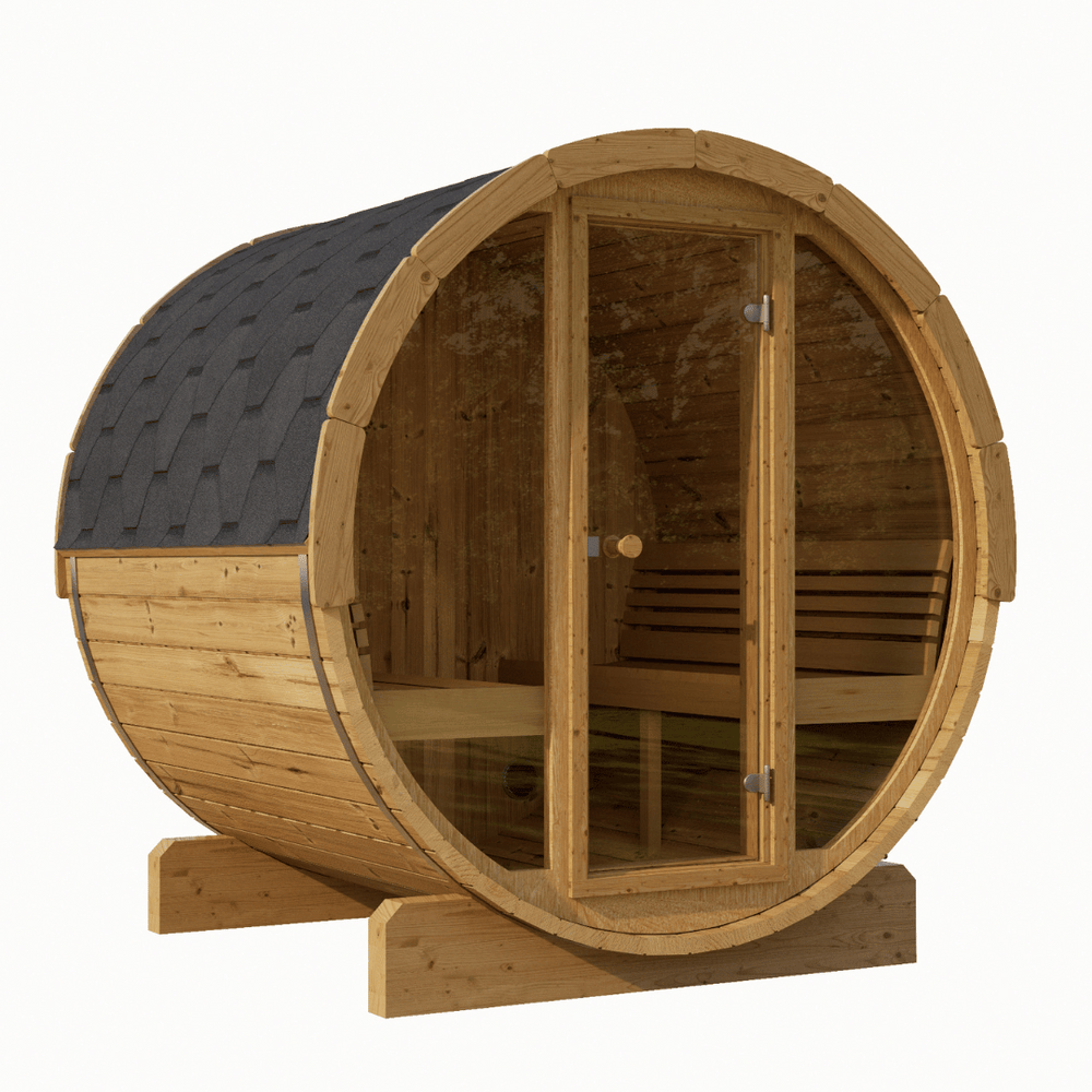 E7G Barrel Sauna - 4-6 Person | Western Sol wooden barrel sauna with glass door and dark shingled roof, designed for home wellness and relaxation.