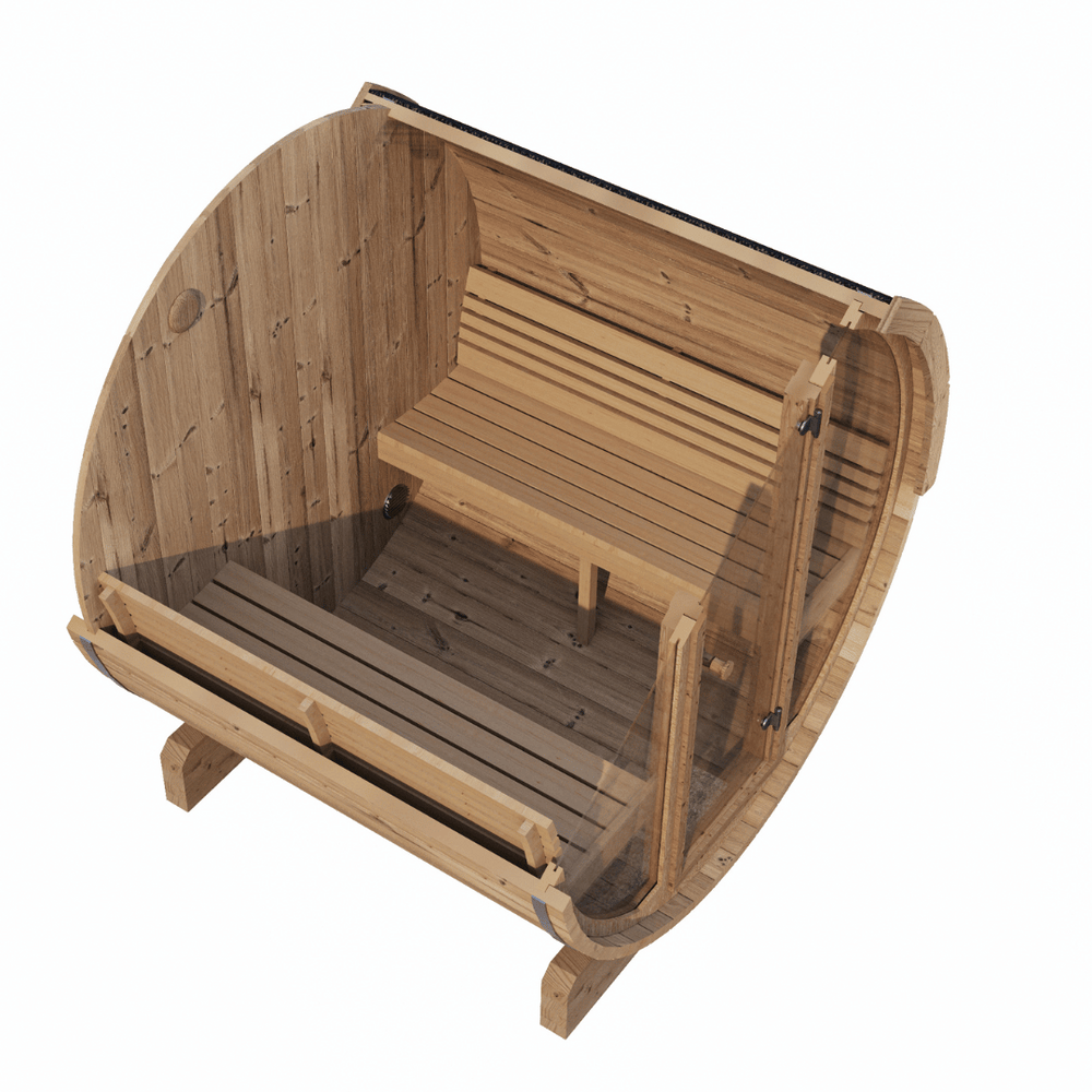 E7G Barrel Sauna - 4-6 Person | Western Sol wooden barrel sauna with glass door and dark shingled roof, designed for home wellness and relaxation.