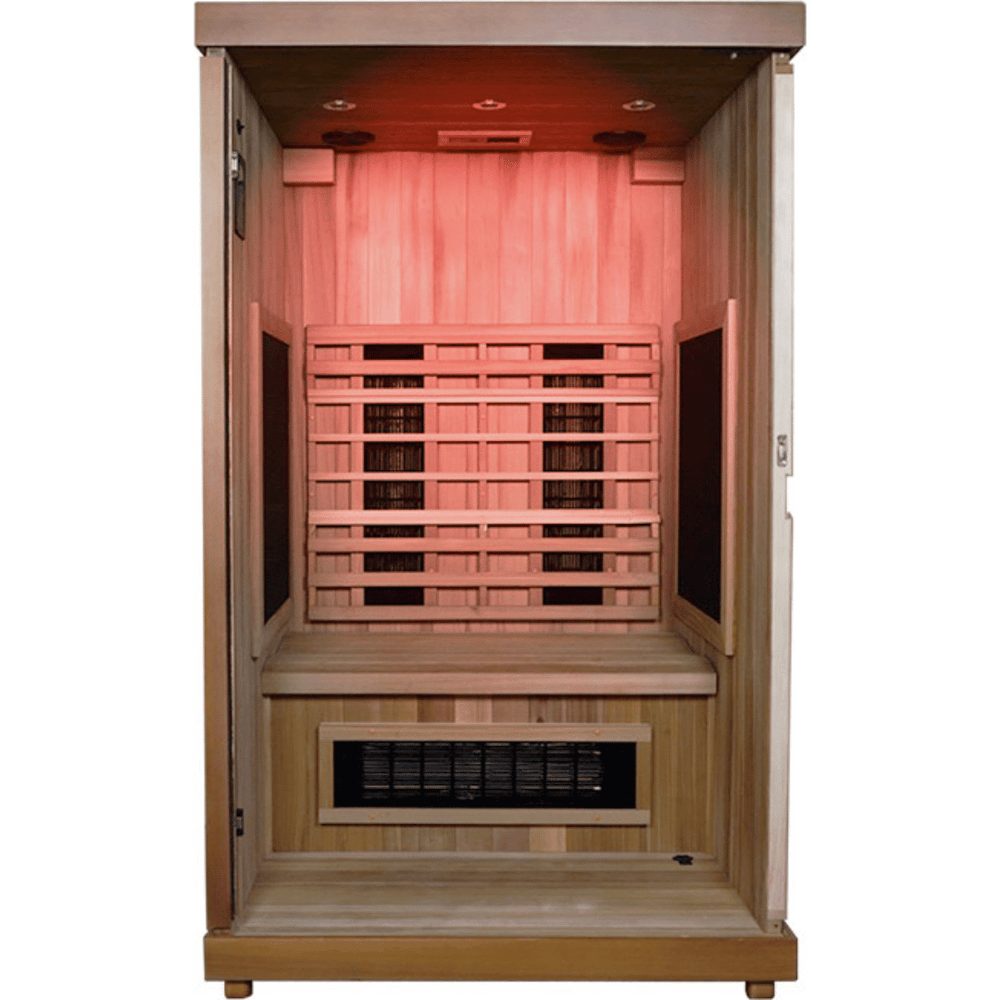 FD2 Sauna - 2 Person | Western Sol wooden infrared sauna with glass door illuminated by red interior lighting, designed for wellness and body care relaxation.