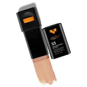 Coolangatta Beige Sunscreen Face Stick SPF 35 x Mick Fanning | Vertra with smooth beige sunscreen foundation stick and black packaging for skincare and sun protection.