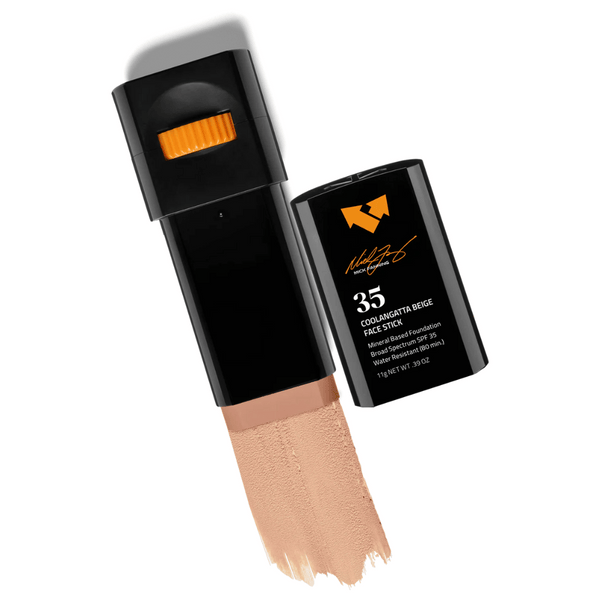 Coolangatta Beige Sunscreen Face Stick SPF 35 x Mick Fanning | Vertra with smooth beige sunscreen foundation stick and black packaging for skincare and sun protection.