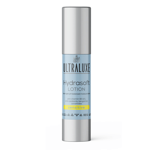Hydrasoft Lotion - Sensitive | Ultraluxe Skincare in a sleek silver and light blue bottle designed for gentle, ultralight skincare with pro-vitamin B5, antioxidants, and ceramides.