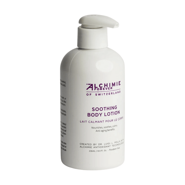 White pump bottle of Soothing Body Lotion | Alchimie Forever with skincare benefits including nourishment, soothing, calming, and anti-aging properties.