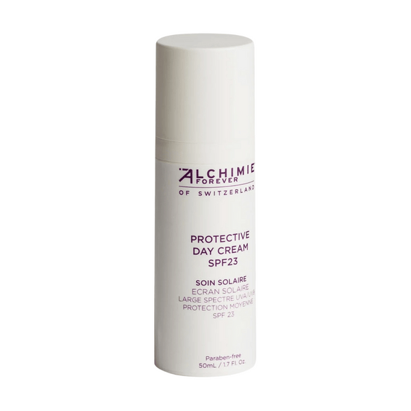 Bottle of Protective Day Cream SPF 23 | Alchimie Forever, a paraben-free skincare product with sun protection in a white container for daily use.