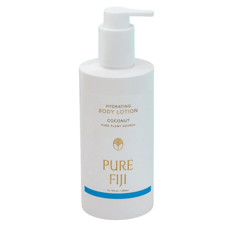 White pump bottle of Hydrating Body Lotion | Pure Fiji with coconut and pure plant source ingredients, designed for skincare and body care routines.
