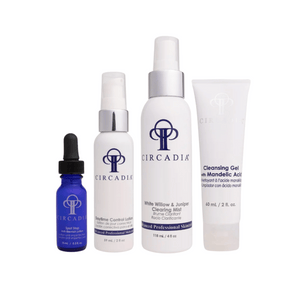 Acne Regimen Bundle | Circadia featuring four skincare products including Spot Stop serum, Daytime Control Lotion, White Willow & Juniper Clearing Mist, and Cleansing Gel with Mandelic Acid for acne care.