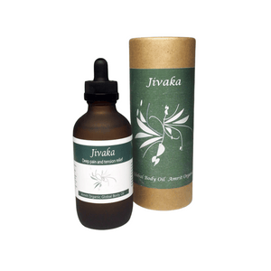 Jivaka Body Oil | Red Cherry Group in a dark glass dropper bottle alongside its cylindrical natural kraft paper packaging, designed for skincare and body care wellness.