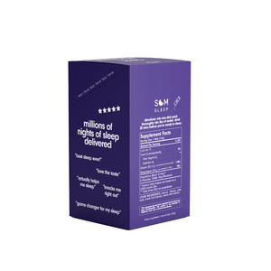 Purple box packaging of Sleep Aid Powder Drink Mix 15 pk - Cherry | Som Sleep showing supplement facts and customer reviews highlighting effective sleep support and taste.