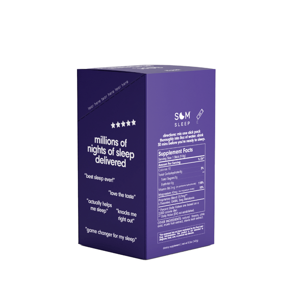 Purple box packaging of Sleep Aid Powder Drink Mix 15 pk - Cherry | Som Sleep showing supplement facts and customer reviews highlighting effective sleep support and taste.