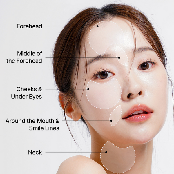 Close-up of a woman’s face highlighting skincare areas including forehead, middle of the forehead, cheeks and under eyes, around the mouth and smile lines, and neck, promoting Green Collagen Wide Fit Eye Patch | Leaders for skincare and wellness.