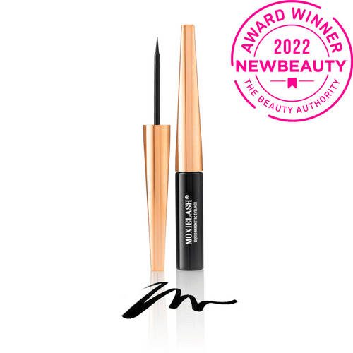Magnetic Liquid Eyeliner | Moxielash with a sleek black and rose gold design, featuring a fine brush tip and bold black liner stroke, NewBeauty 2022 award winner.