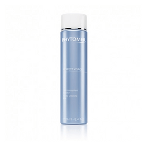 Bottle of Perfect Visage Gentle Cleansing Milk | Phytomer, a skincare product in a sleek blue and white container designed for gentle facial cleansing.