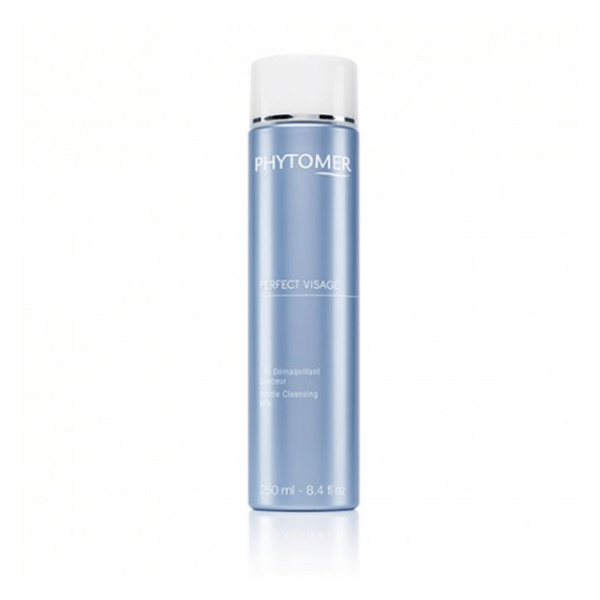 Bottle of Perfect Visage Gentle Cleansing Milk | Phytomer, a skincare product in a sleek blue and white container designed for gentle facial cleansing.