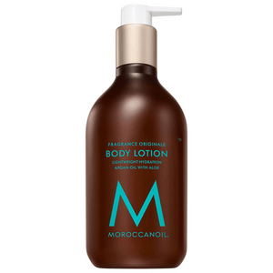 Bottle of Body Lotion | Moroccanoil featuring a pump dispenser designed for lightweight hydration with argan oil and aloe for skincare and body care.