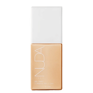 Bottle of Body Shimmer | NUDA in a sleek rectangular design with a white cap and a shimmering gold body, ideal for enhancing skincare and body care routines.