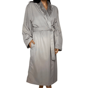 Woman wearing a soft and comfortable Microfiber Shimmer Lined Robe - Dove Gray | Mansfield, featuring a belted waist and plush collar for cozy wellness and body care relaxation.